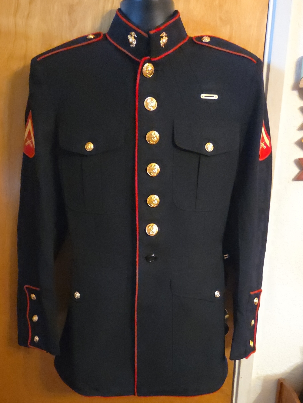 USMC MARINE CORPS LANCE CORPORAL ENLISTED DRESS BLUE CHOKER JACKET W/ BRASS 44L